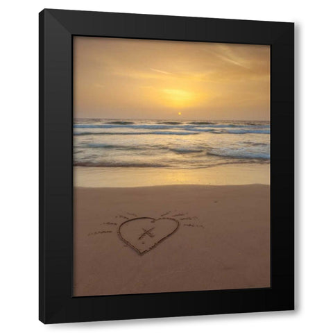 Sand writing - Heart shape drawn on the beach Black Modern Wood Framed Art Print by Frank, Assaf