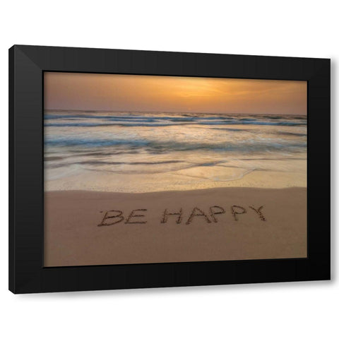 Sand writing - Word Be Happy written on beach Black Modern Wood Framed Art Print with Double Matting by Frank, Assaf