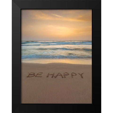Sand writing - Word Be Happy written on beach Black Modern Wood Framed Art Print by Frank, Assaf