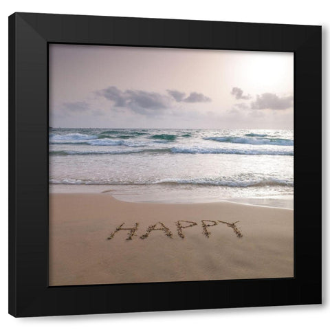 Sand writing - Word Happy written on beach Black Modern Wood Framed Art Print with Double Matting by Frank, Assaf