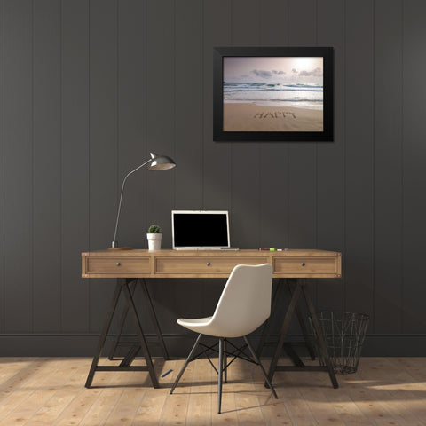 Sand writing - Word Happy written on beach Black Modern Wood Framed Art Print by Frank, Assaf