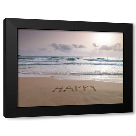 Sand writing - Word Happy written on beach Black Modern Wood Framed Art Print with Double Matting by Frank, Assaf