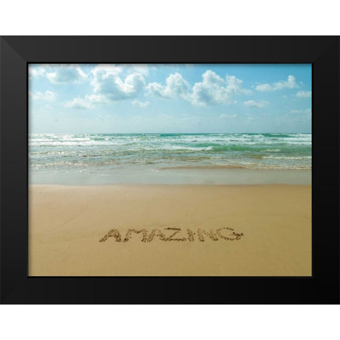 Word Amazing written in sand on the beach Black Modern Wood Framed Art Print by Frank, Assaf