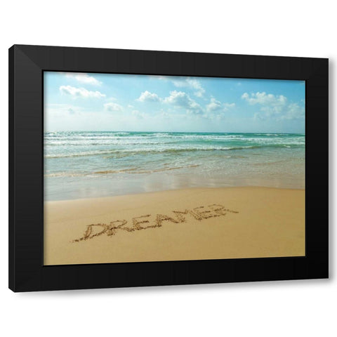 Word Dreamer written in sand on the beach Black Modern Wood Framed Art Print by Frank, Assaf