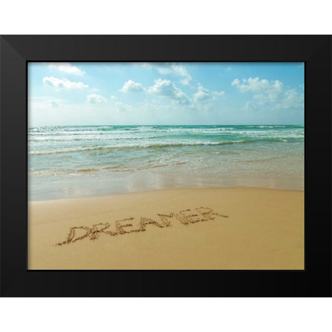 Word Dreamer written in sand on the beach Black Modern Wood Framed Art Print by Frank, Assaf