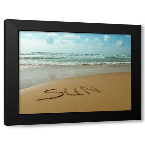 Word Sun written in sand on the beach Black Modern Wood Framed Art Print by Frank, Assaf