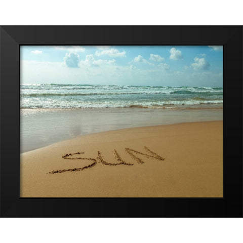 Word Sun written in sand on the beach Black Modern Wood Framed Art Print by Frank, Assaf