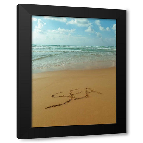 Word Sea written in sand on the beach Black Modern Wood Framed Art Print with Double Matting by Frank, Assaf