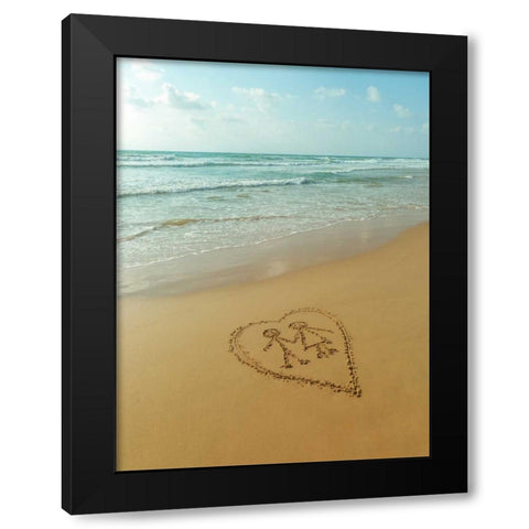 Couple in heart drawn on sand at the beach Black Modern Wood Framed Art Print by Frank, Assaf