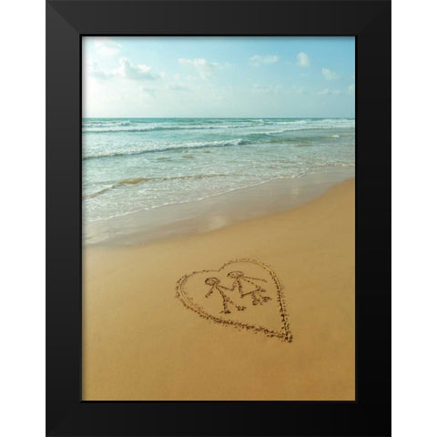 Couple in heart drawn on sand at the beach Black Modern Wood Framed Art Print by Frank, Assaf