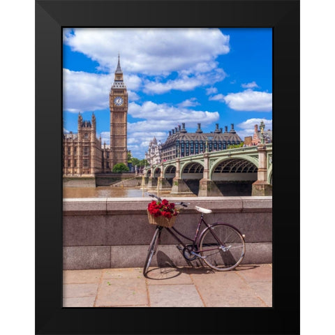 Bunch of Roses on a bicycle agaisnt Westminster Abby, London, UK Black Modern Wood Framed Art Print by Frank, Assaf
