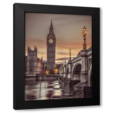 Westminster bridge and Big Ben from Thames promenade, London, UK, FTBR-1826 Black Modern Wood Framed Art Print with Double Matting by Frank, Assaf