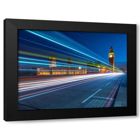 Westminster Abby and Big Ben with strip lights, London, UK Black Modern Wood Framed Art Print with Double Matting by Frank, Assaf