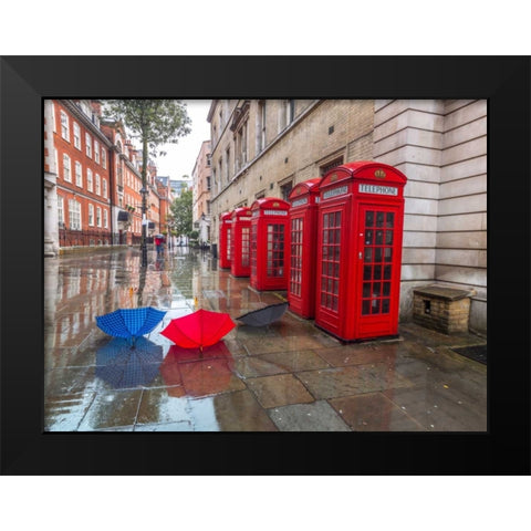 Telephone boxes with umbrellas Black Modern Wood Framed Art Print by Frank, Assaf