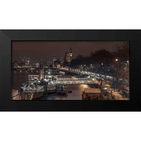 Evening view of London city, FTBR-1831 Black Modern Wood Framed Art Print by Frank, Assaf