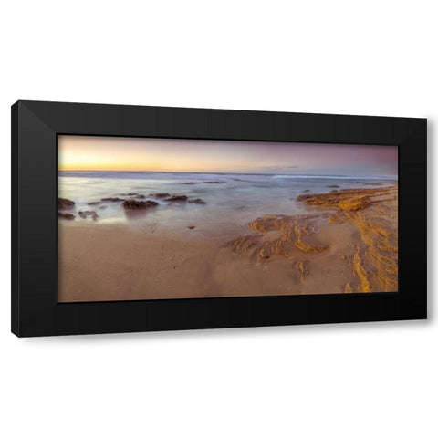 Sunset on rocky beach with colorful sky Black Modern Wood Framed Art Print by Frank, Assaf