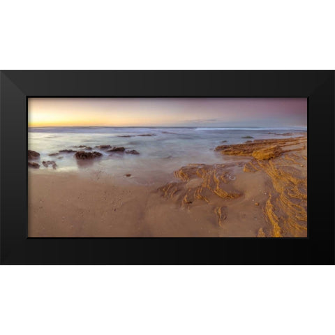 Sunset on rocky beach with colorful sky Black Modern Wood Framed Art Print by Frank, Assaf