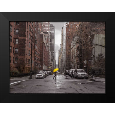 Tourist with yellow umbrella on street of Manhattan, New York Black Modern Wood Framed Art Print by Frank, Assaf