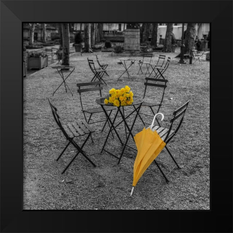 Bunch of roses and umbrella on table and chair at the park, New York Black Modern Wood Framed Art Print by Frank, Assaf