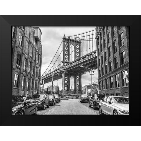 Manhattan bridge from a street-New York Black Modern Wood Framed Art Print by Frank, Assaf