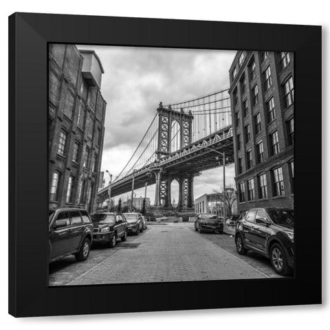 Manhattan bridge from a street, New York Black Modern Wood Framed Art Print with Double Matting by Frank, Assaf