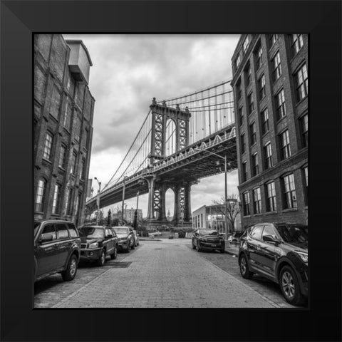 Manhattan bridge from a street, New York Black Modern Wood Framed Art Print by Frank, Assaf