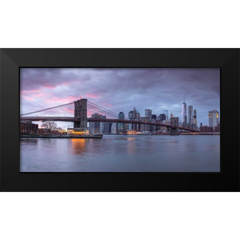 Brooklyn Bridge over East river, New York Black Modern Wood Framed Art Print by Frank, Assaf