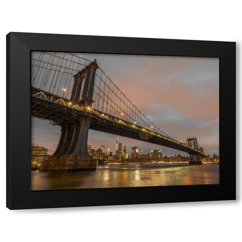 Manhattan bridge and New York city skyline Black Modern Wood Framed Art Print with Double Matting by Frank, Assaf