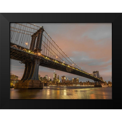 Manhattan bridge and New York city skyline Black Modern Wood Framed Art Print by Frank, Assaf