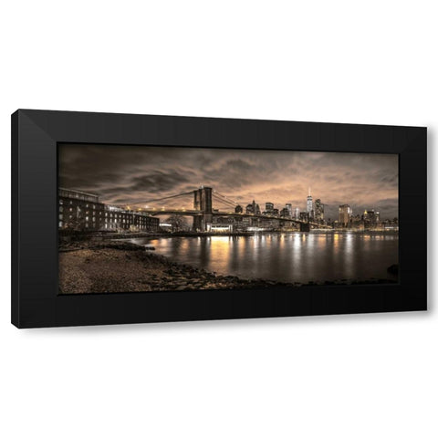 Brooklyn Bridge and Manhattan skyline, New York Black Modern Wood Framed Art Print with Double Matting by Frank, Assaf