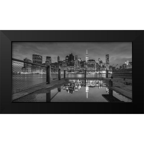 Lower Manhattan skyline in evening, New York Black Modern Wood Framed Art Print by Frank, Assaf