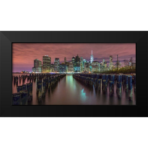 Manhattan skyline with rows of groynes in foreground, New York Black Modern Wood Framed Art Print by Frank, Assaf