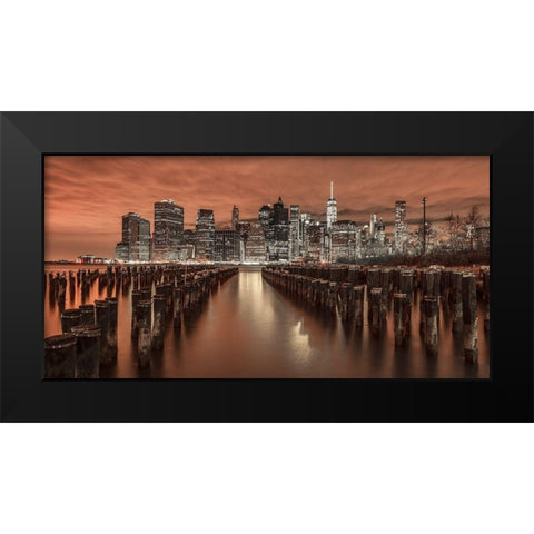 Manhattan skyline with groynes Black Modern Wood Framed Art Print by Frank, Assaf