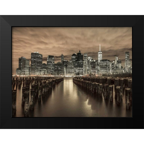 Manhattan skyline with rows of groynes in foreground, New York Black Modern Wood Framed Art Print by Frank, Assaf