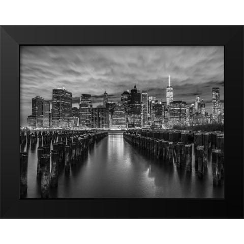 Manhattan skyline with rows of groynes in foreground, New York Black Modern Wood Framed Art Print by Frank, Assaf
