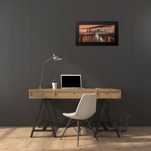 Manhattan skyline with rows of groynes in foreground, New York Black Modern Wood Framed Art Print by Frank, Assaf