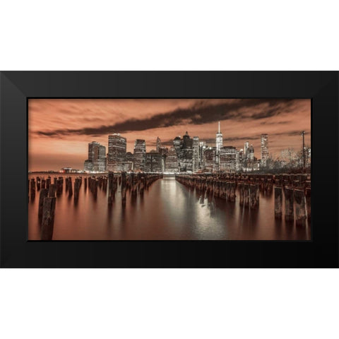 Manhattan skyline with rows of groynes in foreground, New York Black Modern Wood Framed Art Print by Frank, Assaf