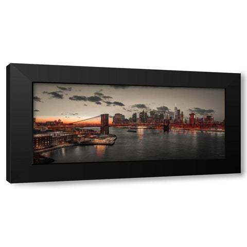 Evening view of Lower Manhattan sky-skyline with Brooklyn bridge over East river, New York, FTBR-190 Black Modern Wood Framed Art Print with Double Matting by Frank, Assaf