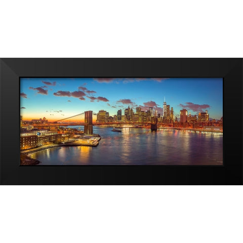 Evening view of Lower Manhattan skyline with Brooklyn bridge over East river, New York Black Modern Wood Framed Art Print by Frank, Assaf