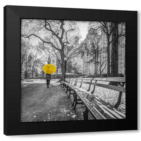 Tourist on pathway with Yellow umbrella at Central park-New York Black Modern Wood Framed Art Print with Double Matting by Frank, Assaf