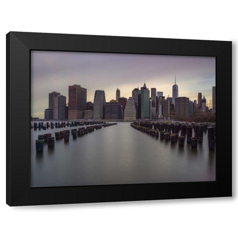 Manhattan skyline with rows of groynes in East river, New York Black Modern Wood Framed Art Print with Double Matting by Frank, Assaf