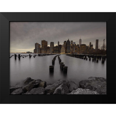 Manhattan skyline with rows of groynes in East river, New York Black Modern Wood Framed Art Print by Frank, Assaf