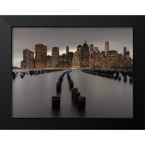 Manhattan skyline with rows of groynes in East river, New York Black Modern Wood Framed Art Print by Frank, Assaf