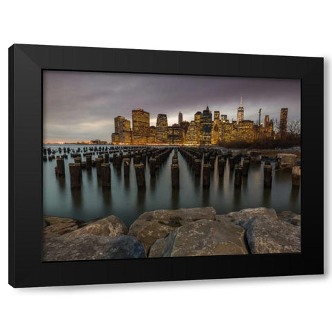 Manhattan skyline with rows of groynes in East river, New York Black Modern Wood Framed Art Print with Double Matting by Frank, Assaf