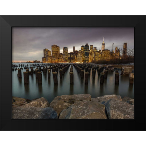 Manhattan skyline with rows of groynes in East river, New York Black Modern Wood Framed Art Print by Frank, Assaf