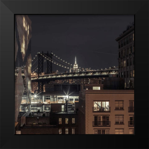 Manhattan bridge and cityscape, New York Black Modern Wood Framed Art Print by Frank, Assaf