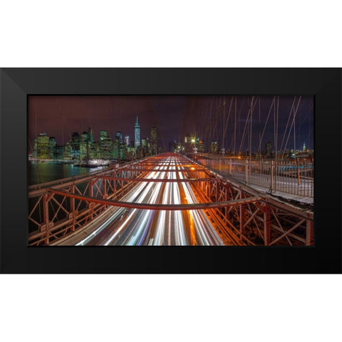 Evening view of Manhattan skyline from Brooklyn bridge Black Modern Wood Framed Art Print by Frank, Assaf
