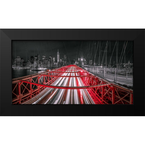 Evening view of Manhattan skyline from Brooklyn bridge Black Modern Wood Framed Art Print by Frank, Assaf
