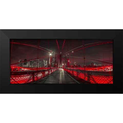 Evening view of Manhattan skyline from Brooklyn bridge Black Modern Wood Framed Art Print by Frank, Assaf