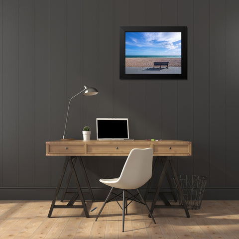 Bench at seaside promenade Black Modern Wood Framed Art Print by Frank, Assaf